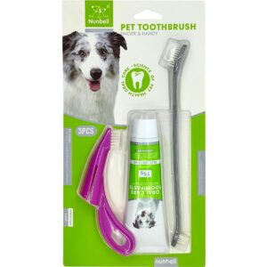 PETJOY 3-in-1 Pet Oral Dental Kit for Dogs & Cats | Finger Toothbrush, Long Handle Brush & Mint Toothpaste (95g) | Teeth Cleaning Kit for Fresh Breath, Tartar & Plaque Control
